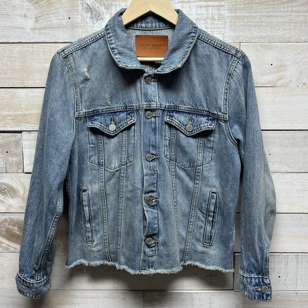 Lucky Brand Jacket Mens Large Blue‎ Tomboy Trucker Denim Jean Frayed Distressed